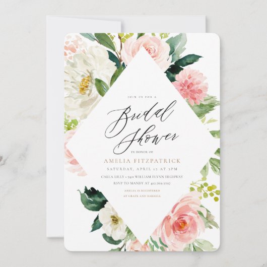 桃と白のフローラブライダルシャワー招待 招待状 (正面)