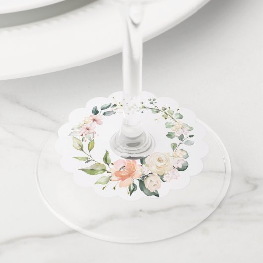 桃と白の水色のバラ緑 ワイングラスタグ (クローズアップ)