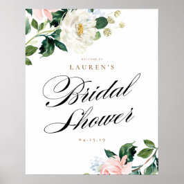 桃と白の花のウェディングシャワー歓迎看板 ポスター