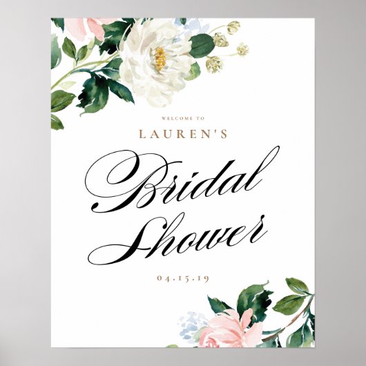 桃と白の花のウェディングシャワー歓迎看板 ポスター (正面)
