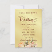 桃と素朴金ゴールドフローラ結婚式の日付を保存 セーブザデート (裏面)