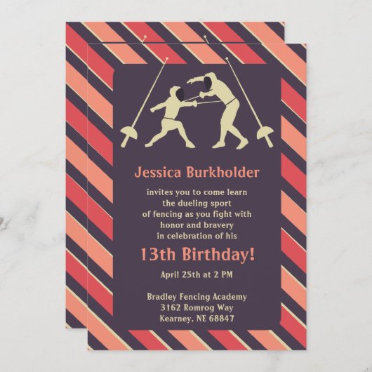 桃と紫のフェンシング誕生会の招待 招待状 (正面/裏面)