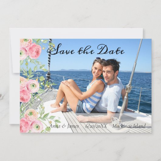 桃と緑のフローラ写真の保存日付 招待状 (正面)