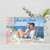 桃と緑のフローラ写真の保存日付 招待状 (スタンド正面)