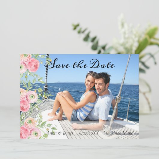 桃と緑のフローラ写真の保存日付 招待状 (スタンド正面)