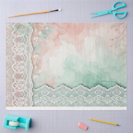 桃と緑の水彩とレース 薄葉紙 (クラフト)