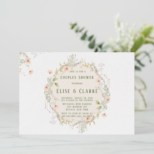 桃と緑の野草リースカップルのシャワー 招待状 (スタンド正面)