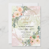 桃と緑の金ゴールド幾何学枠 招待状 (正面)