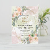 桃と緑の金ゴールド幾何学枠 招待状 (スタンド正面)