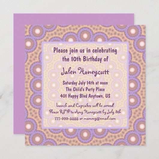 桃と薄紫のサークル誕生日パーティーの招待 招待状 (正面/裏面)