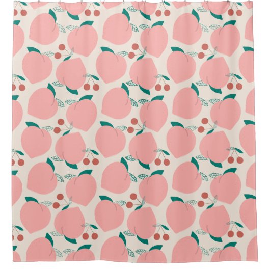 桃と赤さくらんぼフルーツパターン シャワーカーテン (正面)