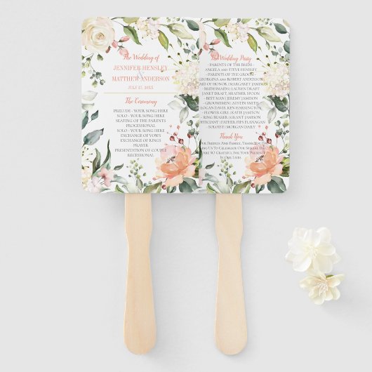 桃と赤面の水色フローラフレーム結婚ズ ハンドファン (正面&裏面)