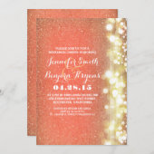 桃と金ゴールドのグリッターライトのリハーサル夕食 招待状 (正面/裏面)