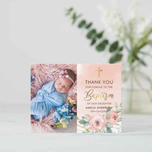 桃と金ゴールドのバプテスマありがとう ポストカード (スタンド正面)