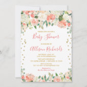 桃と金ゴールドグリッターフローラ女の子の赤ちゃんシャワー 招待状 (正面)