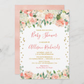 桃と金ゴールドグリッターフローラ女の子の赤ちゃんシャワー 招待状 (正面/裏面)