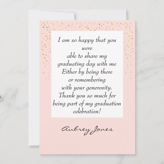 桃と金ゴールドグリッター写真卒業ありがとう サンキューカード (裏面)