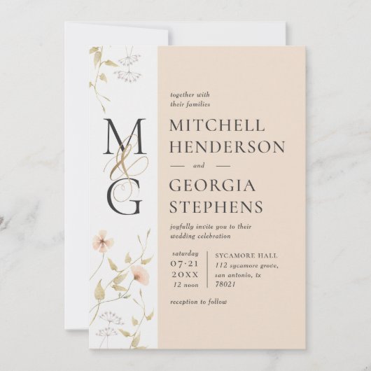 桃と金ゴールド繊細な水色の花結婚の花 招待状 (正面)