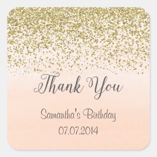 桃と金ゴールド誕生日サンキューステッカー スクエアシール (正面)