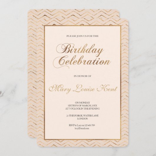 桃と金ゴールド誕生日パーティーの招待状 招待状 (正面/裏面)