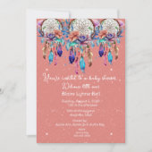 桃と青のドリームキャッチャー女の子ベビーシャワー 招待状 (正面)