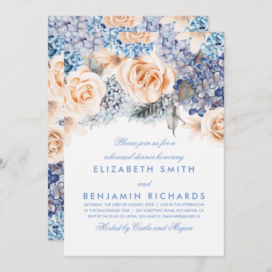 桃と青のフローラ水色リハーサルディナー 招待状 (正面/裏面)