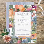 桃と青の水カラーフローラ結婚フレーム 招待状