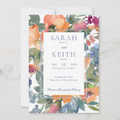 桃と青の水カラーフローラ結婚フレーム 招待状 (正面)