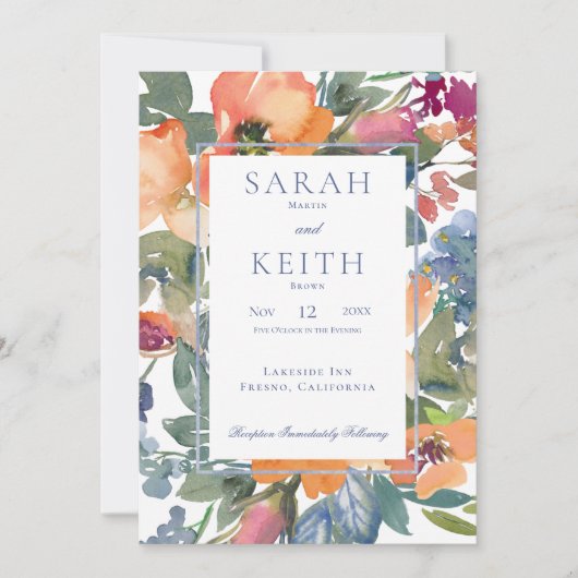 桃と青の水カラーフローラ結婚フレーム 招待状 (正面)