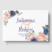 桃と青の水彩花のウェディングゲストの背景をカスタマイズ ゲストブック (正面)