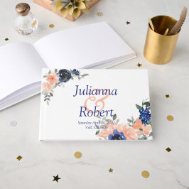 桃と青の水彩花のウェディングゲストの背景をカスタマイズ ゲストブック