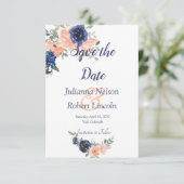 桃と青の水彩花柄の「save the date」招待状 招待状 (スタンド正面)