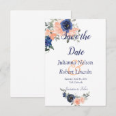 桃と青の水彩花柄の「save the date」招待状 招待状 (正面/裏面)