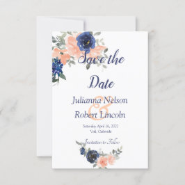 桃と青の水彩花柄の「save the date」招待状 招待状