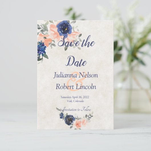 桃と青の水色のフローラ日付invを保存 招待状 (スタンド正面)