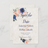 桃と青の水色のフローラ日付invを保存 招待状 (正面/裏面)