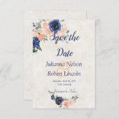 桃と青の水色のフローラ日付invを保存 招待状 (正面/裏面)