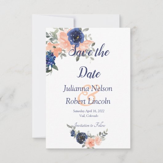 桃と青の水色のフローラ日付invを保存 招待状 (正面)