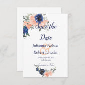 桃と青の水色のフローラ日付invを保存 招待状 (正面/裏面)