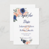 桃と青の水色のフローラ日付invを保存 招待状 (正面/裏面)