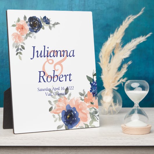 桃と青の水色のフローラ結婚の歯垢 フォトプラーク (側面)