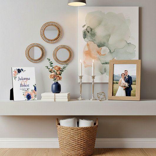 桃と青の水色のフローラ結婚の歯垢 フォトプラーク