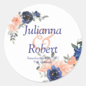 桃と青の水色のフローラ結婚クラシック ラウンドシール (正面)