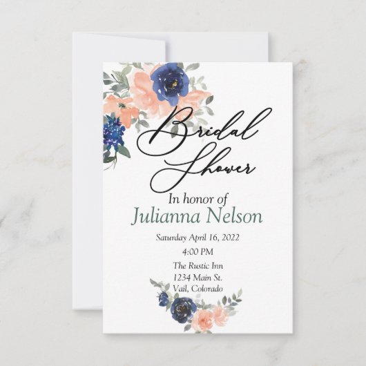 桃と青の水色のフローラ 招待状 (正面)
