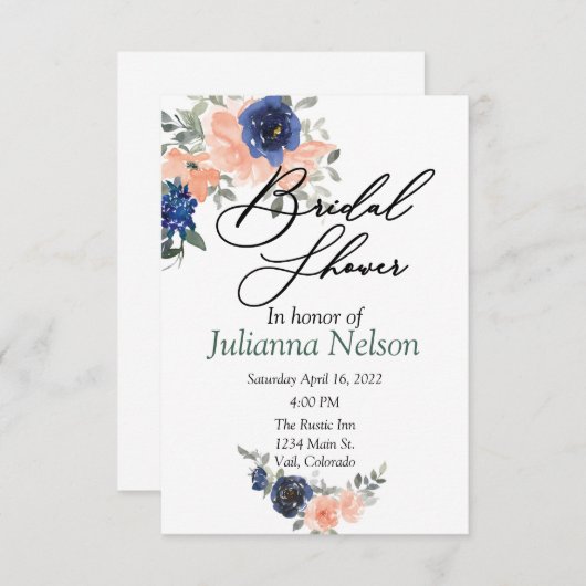 桃と青の水色のフローラ 招待状 (正面/裏面)