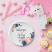 桃と青の水色フローラ結婚の紙p ペーパープレート (パーティー)