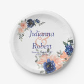桃と青の水色フローラ結婚の紙p ペーパープレート (正面)