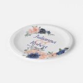桃と青の水色フローラ結婚の紙p ペーパープレート (アングル)