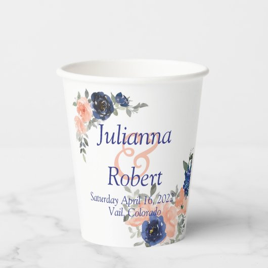 桃と青の水色フローラ結婚紙cu 紙コップ (正面)