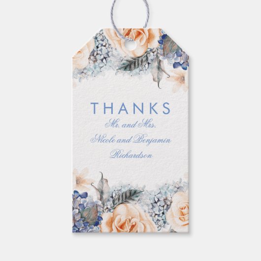 桃と青の花エレガントな結婚式 ギフトタグ (正面)